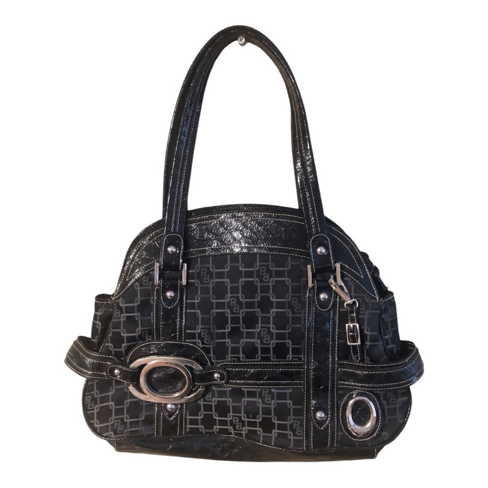 ROSETTI Logo Shoulder Bag Purse Black Gray RR Leather & Metal Accents Y2k